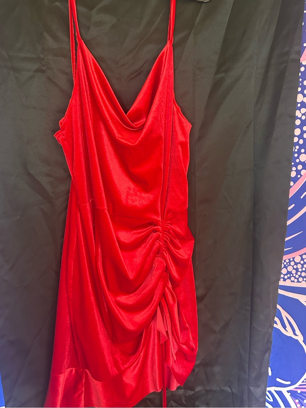PrettyLittleThing Plus Red Velvet Strapped Ruched Frill Hem Bodycon Dress